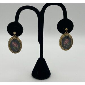 Vintage Avon Oval Embroider Rose Pierced Earrings Floral Goldtone